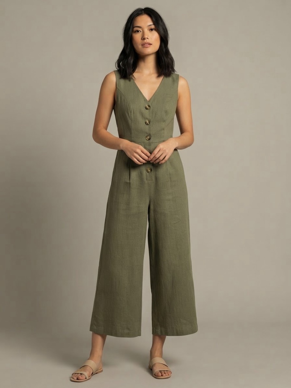 Lioness Gray V-Neck Button-Front Sleeveless Culotte Wide Leg Jumpsuit Size Small